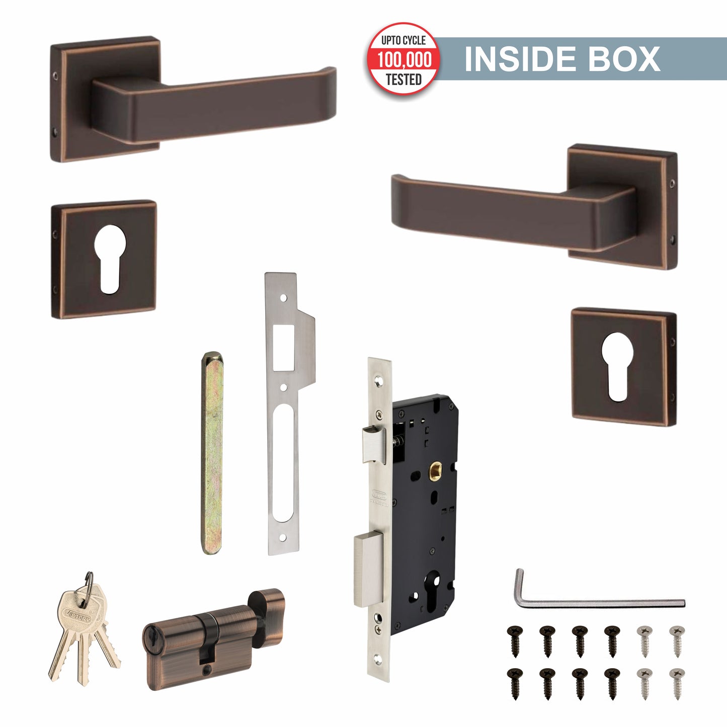 Stainless Steel Rosette Handle | 60mm Cylinder | 3 Brass Keys | One-Side Knob