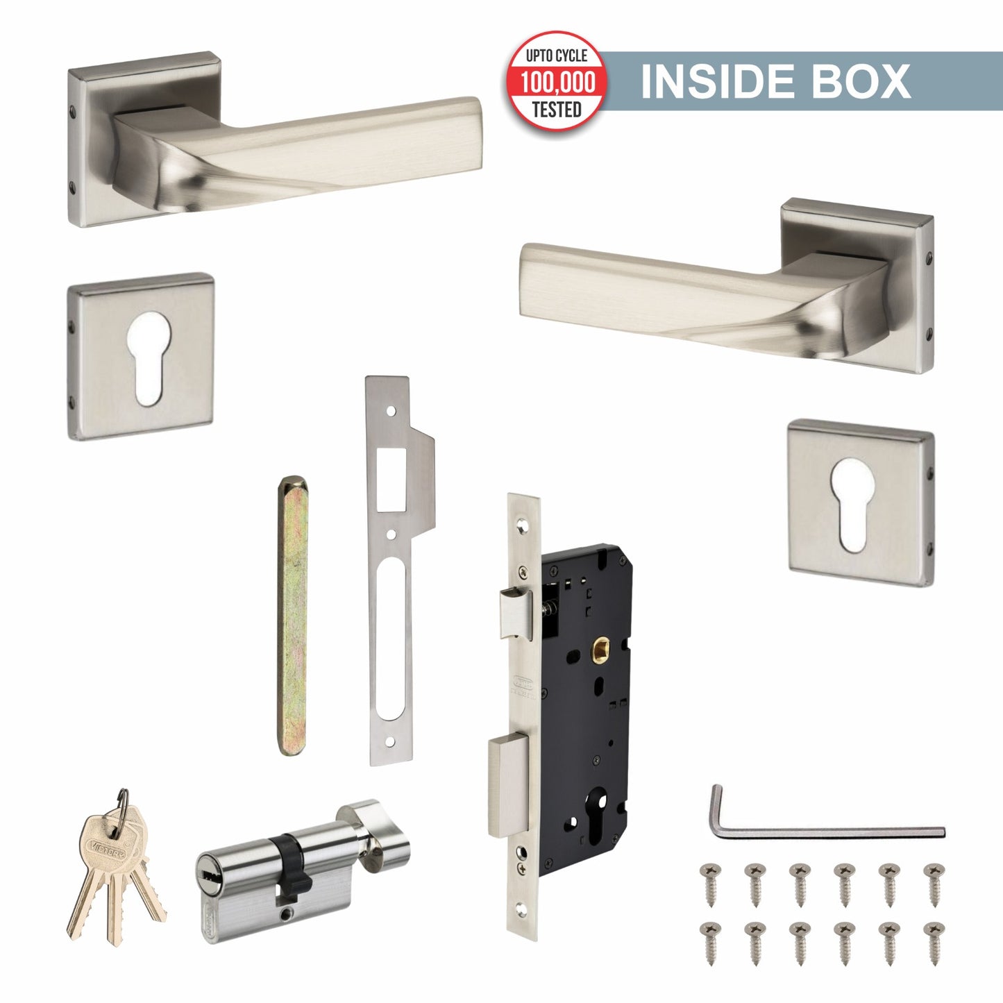 Stainless Steel Rosette Handle | 60mm Cylinder | 3 Brass Keys | One-Side Knob