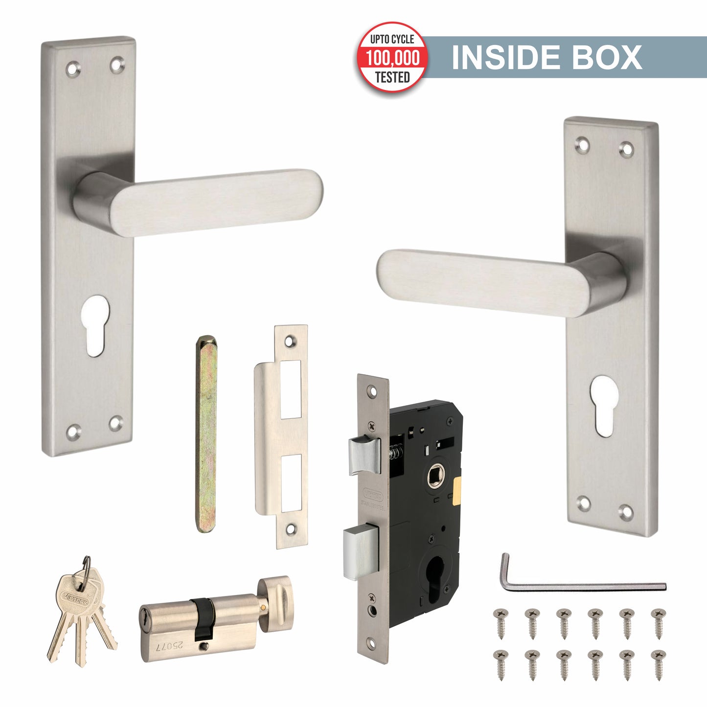 Stainless Steel Mortise Lock| 60mm Brass Cylinder | 3 Brass Keys| One-Side Knob