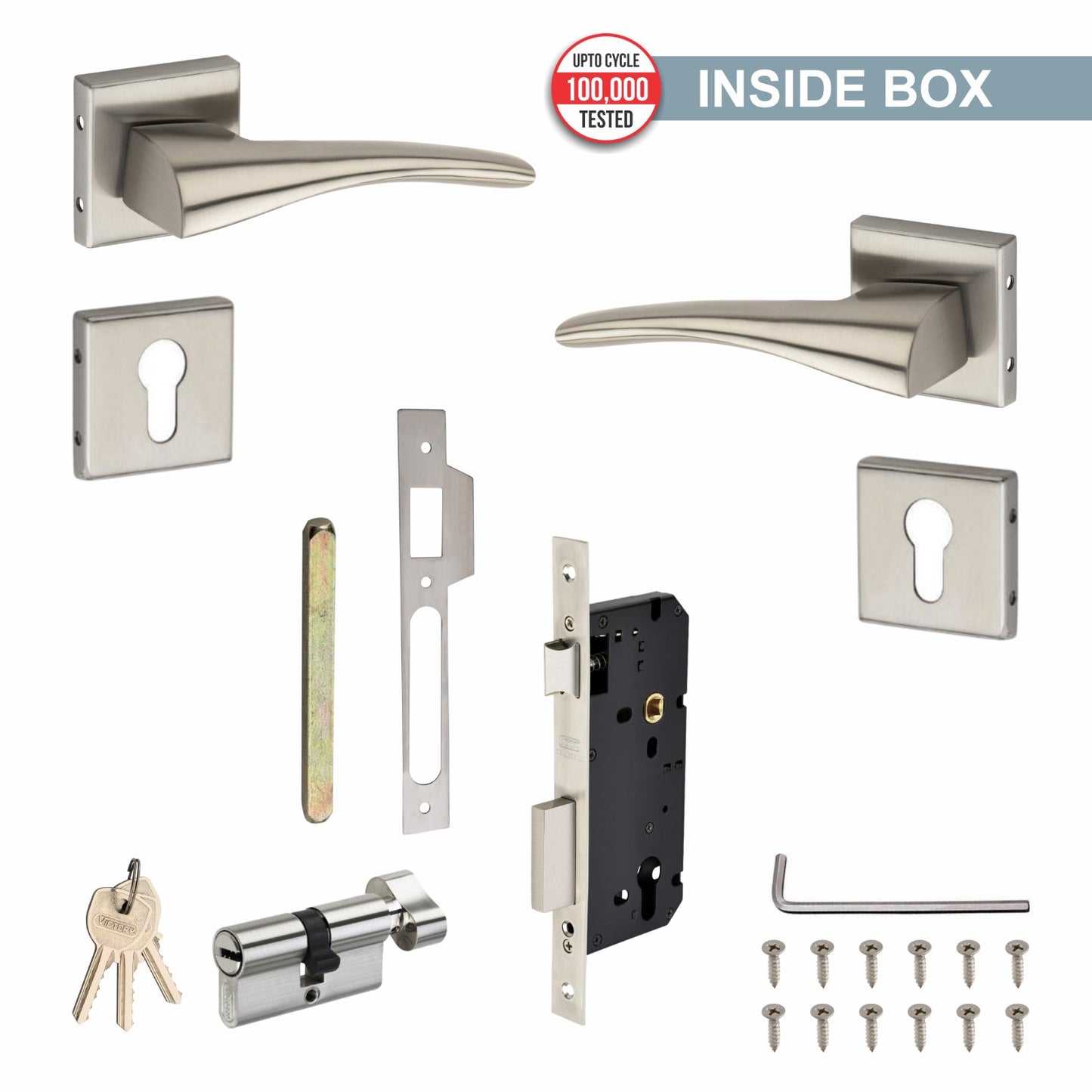 Stainless Steel Rosette Handle | 60mm Cylinder | 3 Brass Keys | One-Side Knob