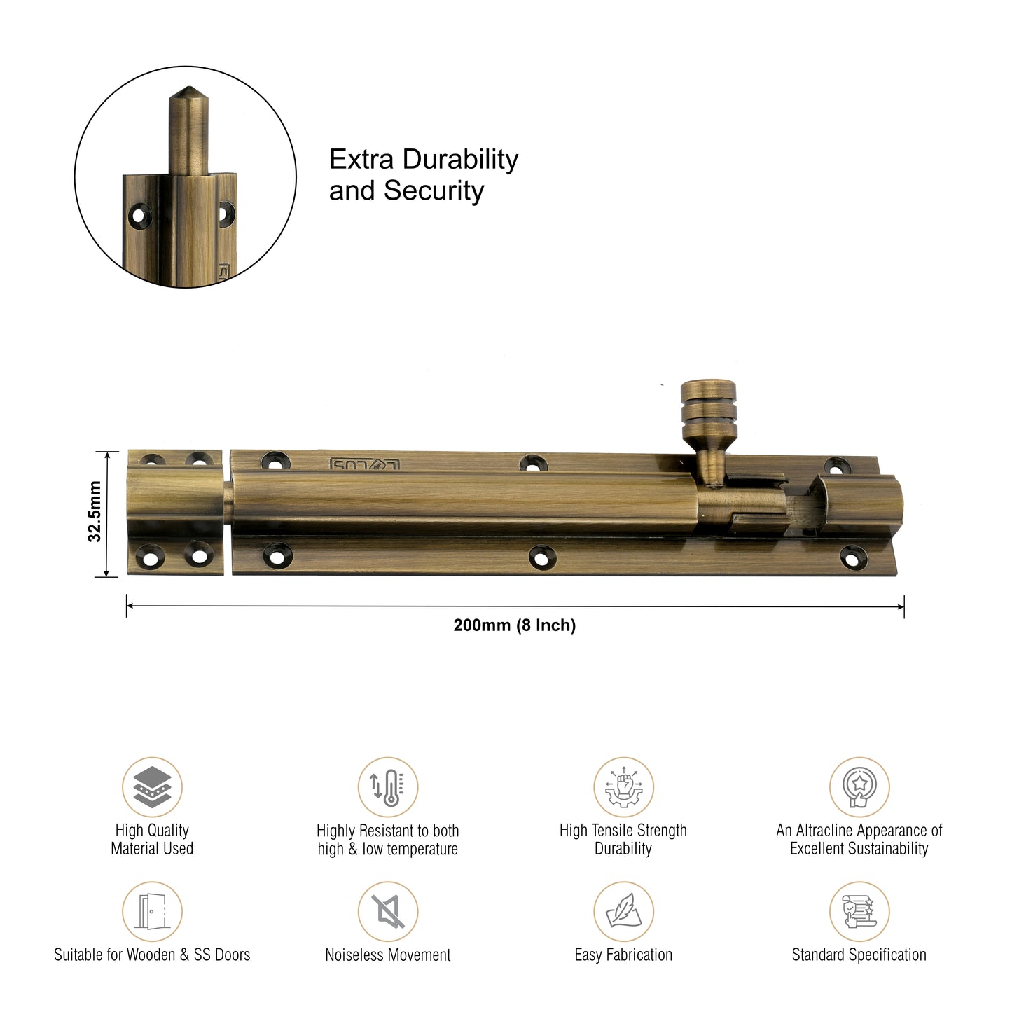 Heavy-Duty Tower Bolt with Smooth Slide Action (8 inch)