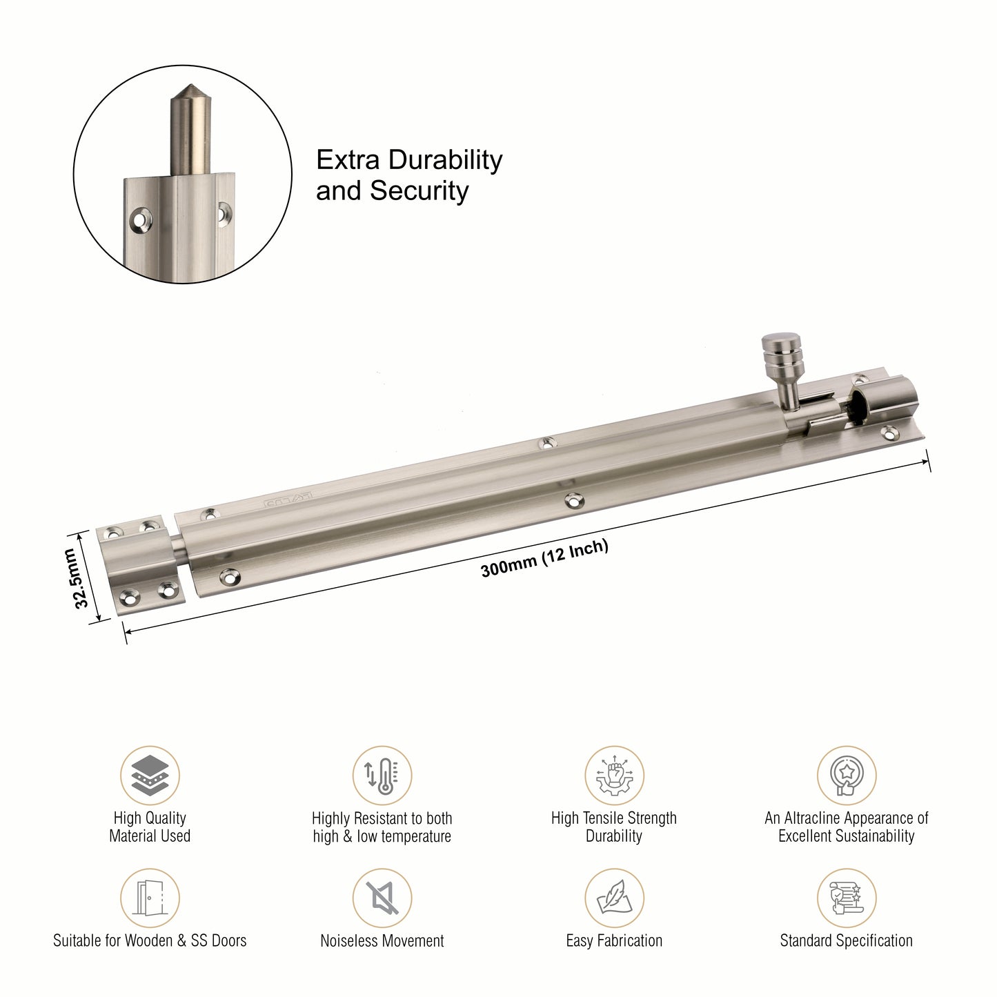 Heavy-Duty Tower Bolt with Smooth Slide Action (12 inch)