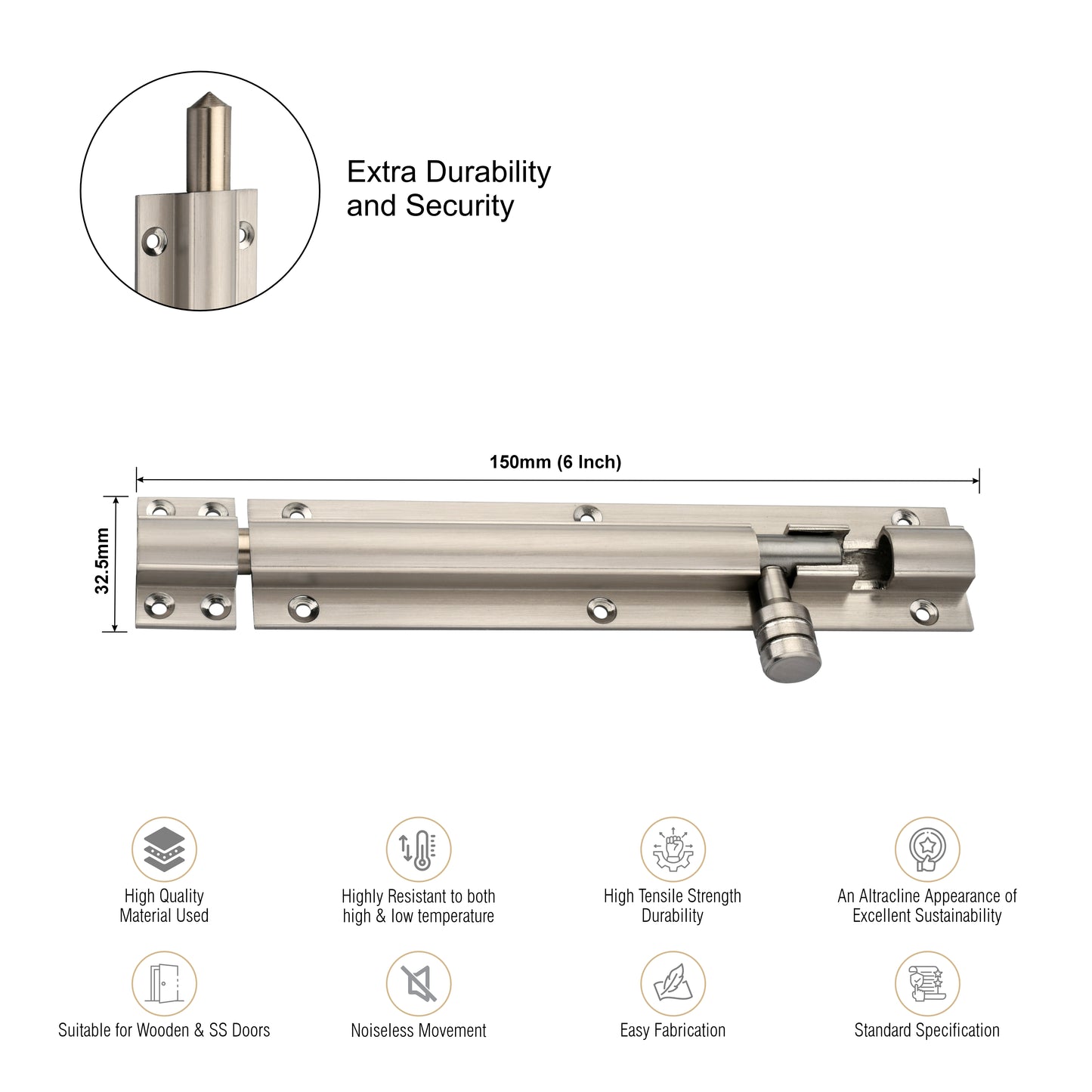 Heavy-Duty Tower Bolt with Smooth Slide Action (6 inch)