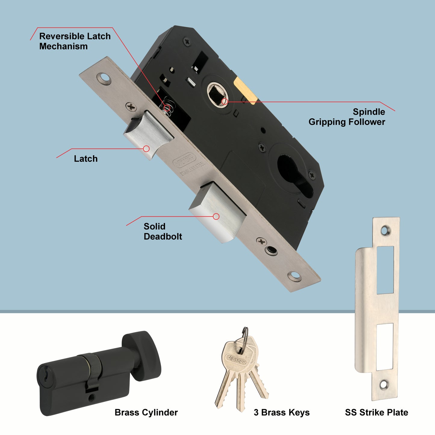 Stainless Steel Mortise Lock| 60mm Brass Cylinder | 3 Brass Keys| One-Side Knob
