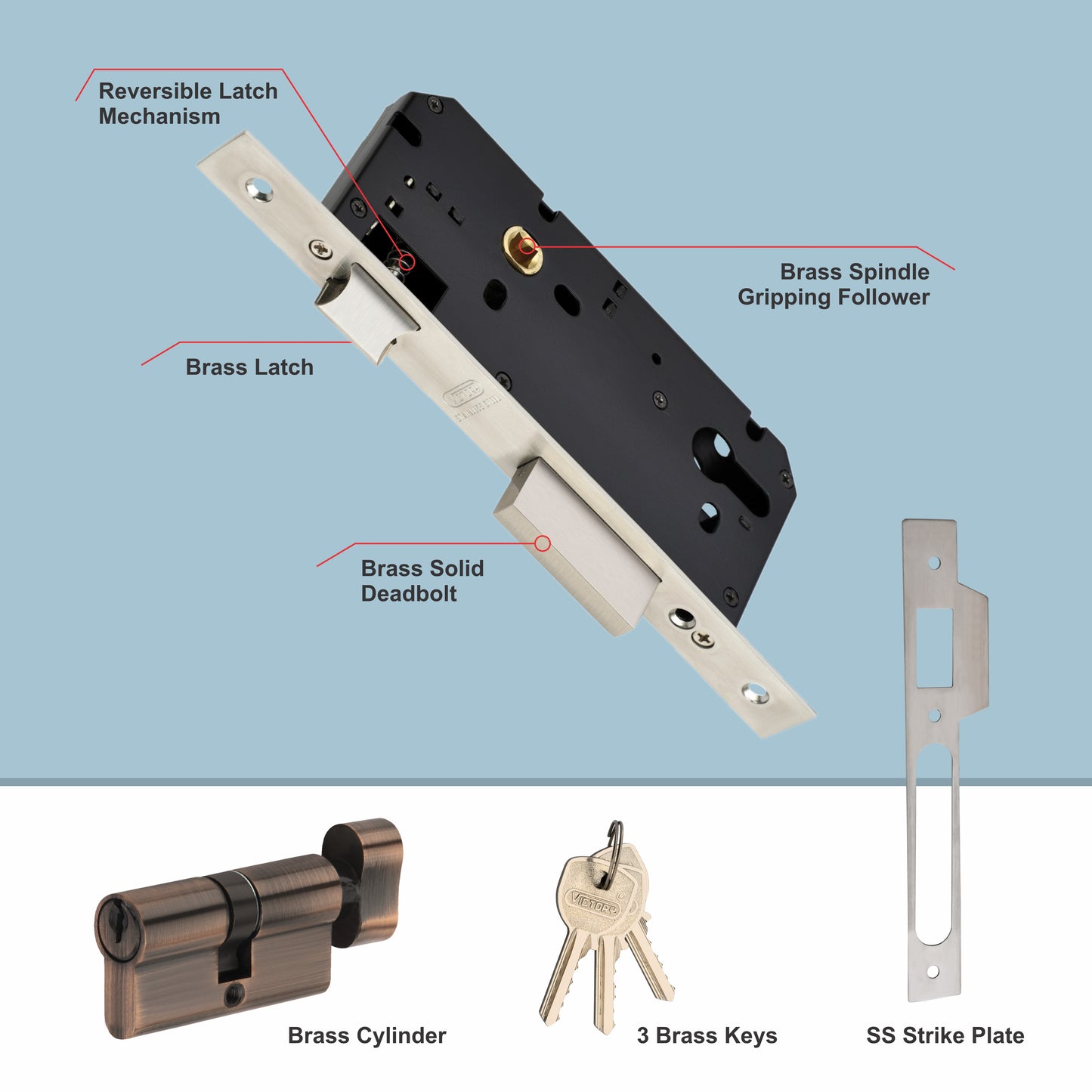 Brass Rosette Handle| 60mm Brass Cylinder | 3 Brass Keys | One-side knob