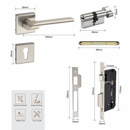 Stainless Steel Rosette Handle | 60mm Cylinder | 3 Brass Keys | One-Side Knob