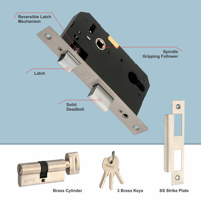 Stainless Steel Mortise Lock| 60mm Brass Cylinder | 3 Brass Keys| One-Side Knob
