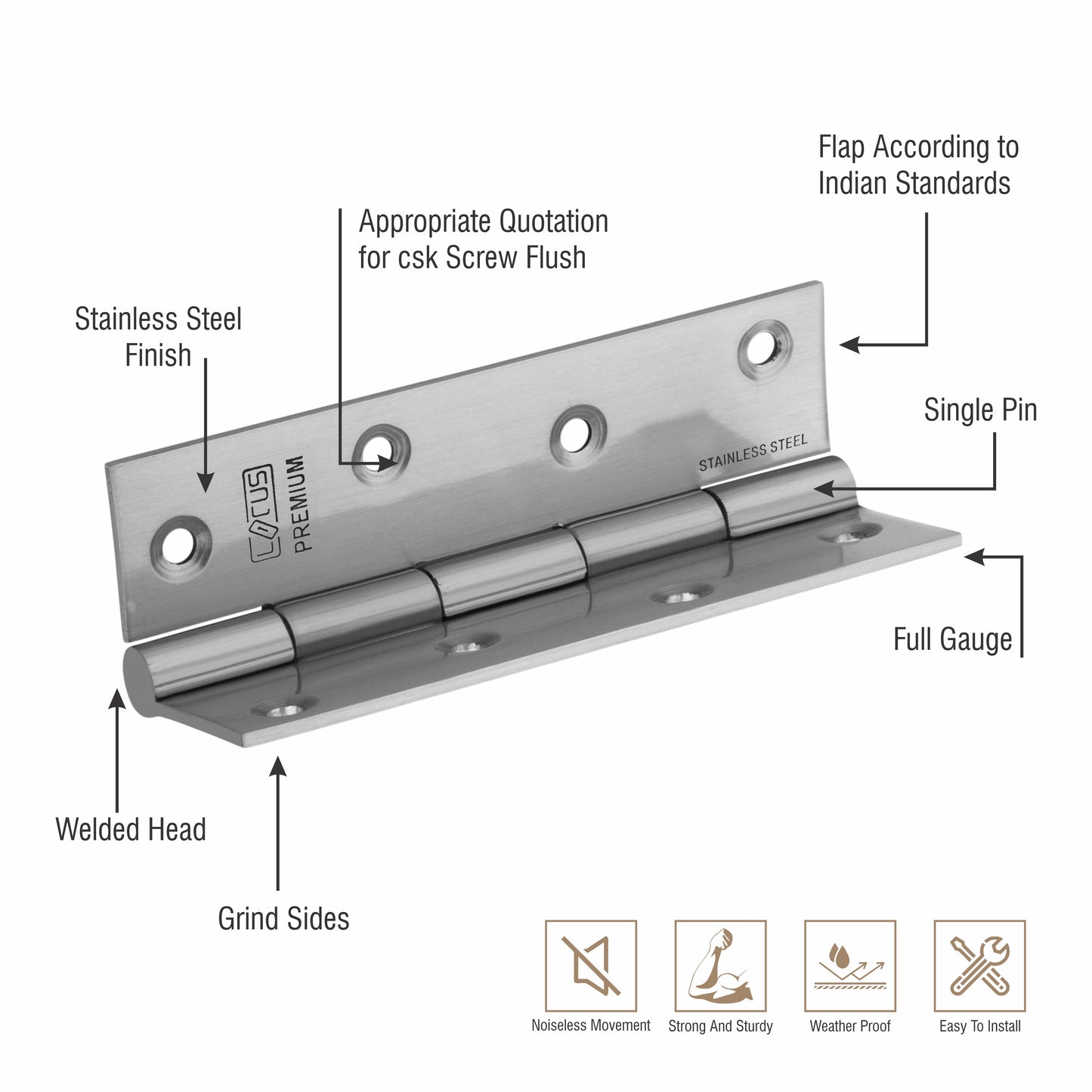 Stainless Steel Premium Hinges | 5×12 | Pack of 12 Pcs.