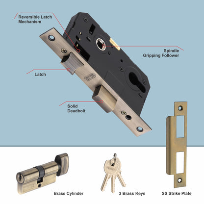 Stainless Steel Mortise Lock| 60mm Brass Cylinder | 3 Brass Keys| One-Side Knob