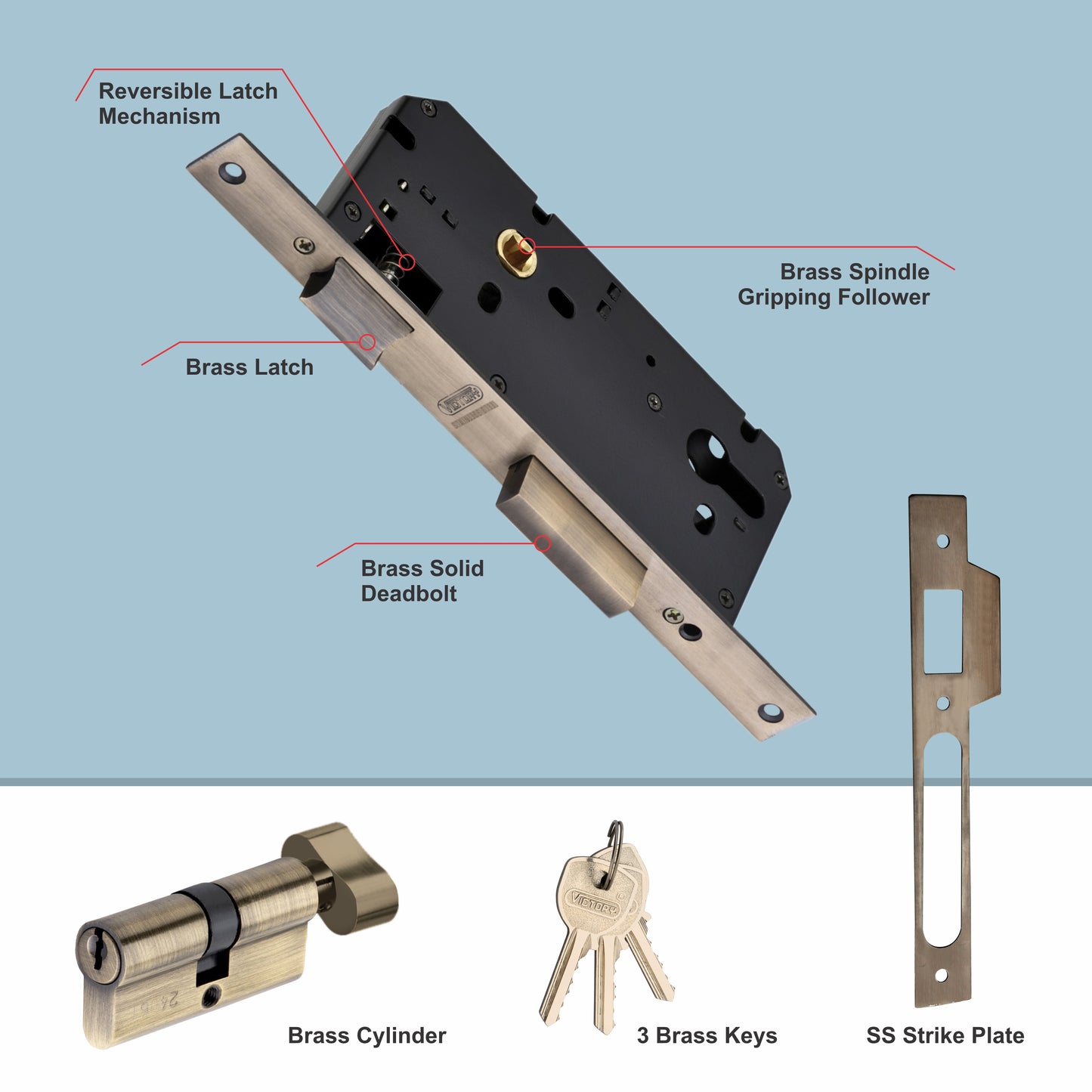 Brass Rosette Handle| 60mm Brass Cylinder | 3 Brass Keys | One-side knob