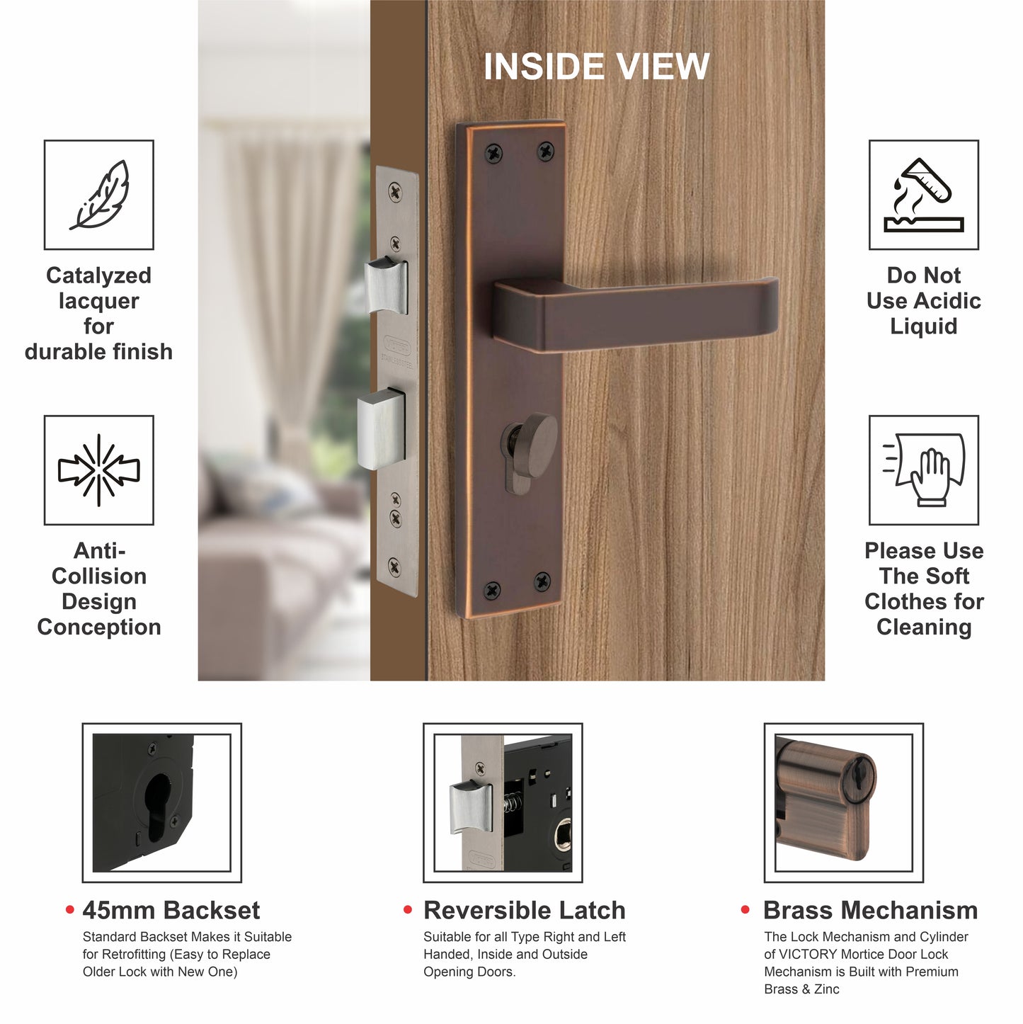 Stainless Steel Mortise Lock| 60mm Brass Cylinder | 3 Brass Keys| One-Side Knob