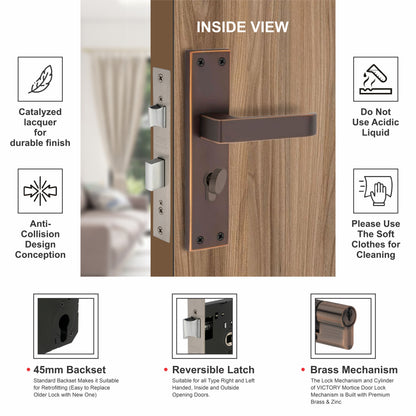 Stainless Steel Mortise Lock| 60mm Brass Cylinder | 3 Brass Keys| One-Side Knob