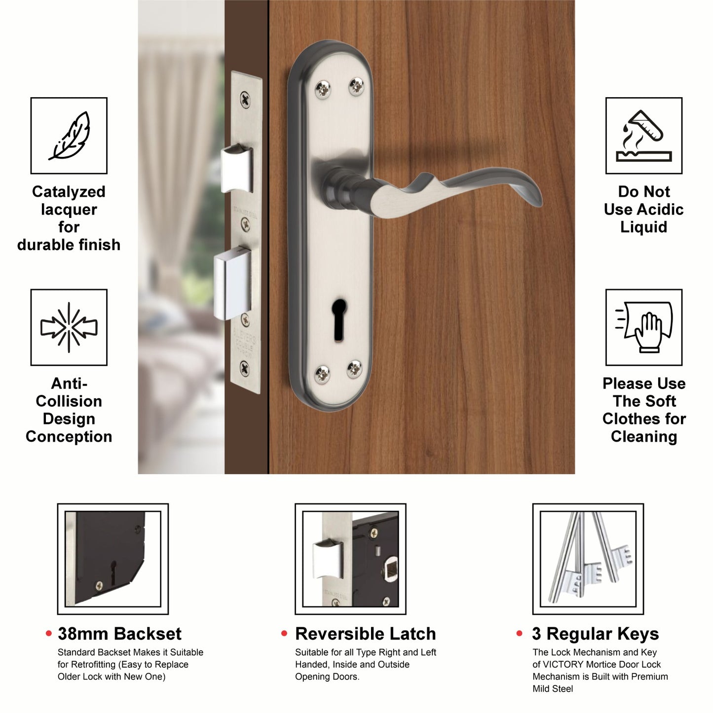 Steel Mortise Handle Lock Set with | 3 Keys