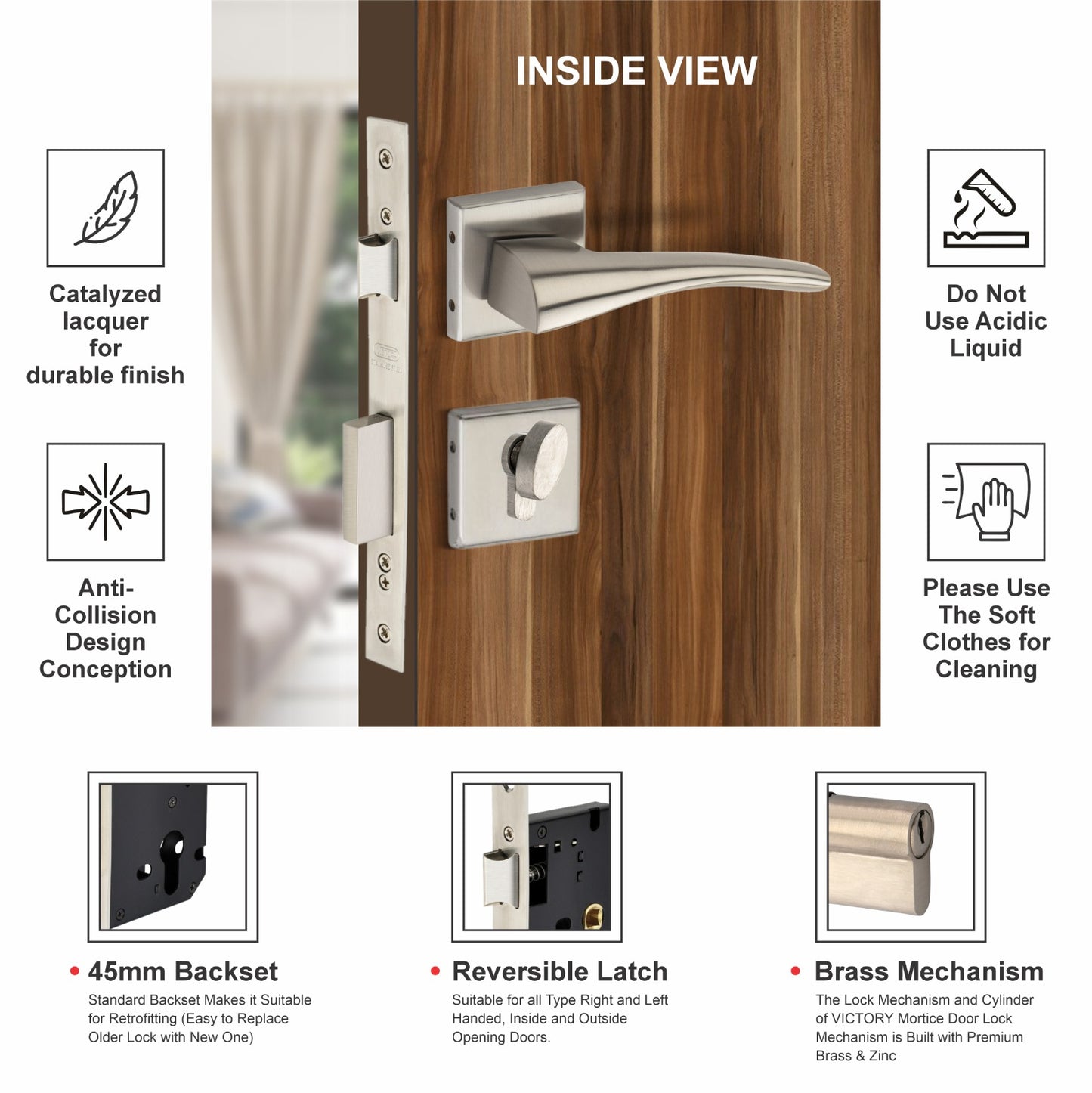Stainless Steel Rosette Handle | 60mm Cylinder | 3 Brass Keys | One-Side Knob