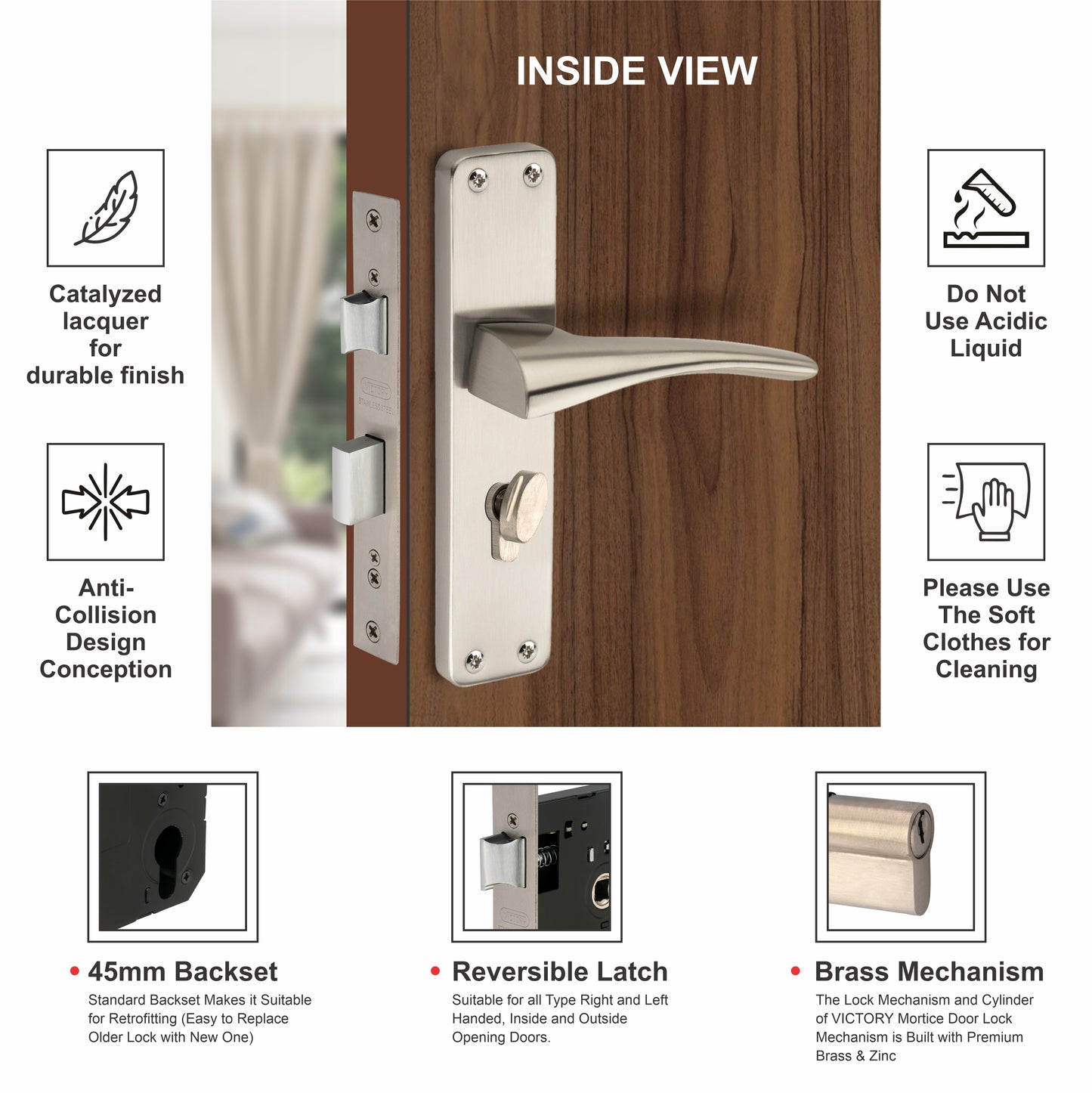 Stainless Steel Mortise Lock | 60mm Brass Cylinder | 3 Brass Keys | One-Side Knob