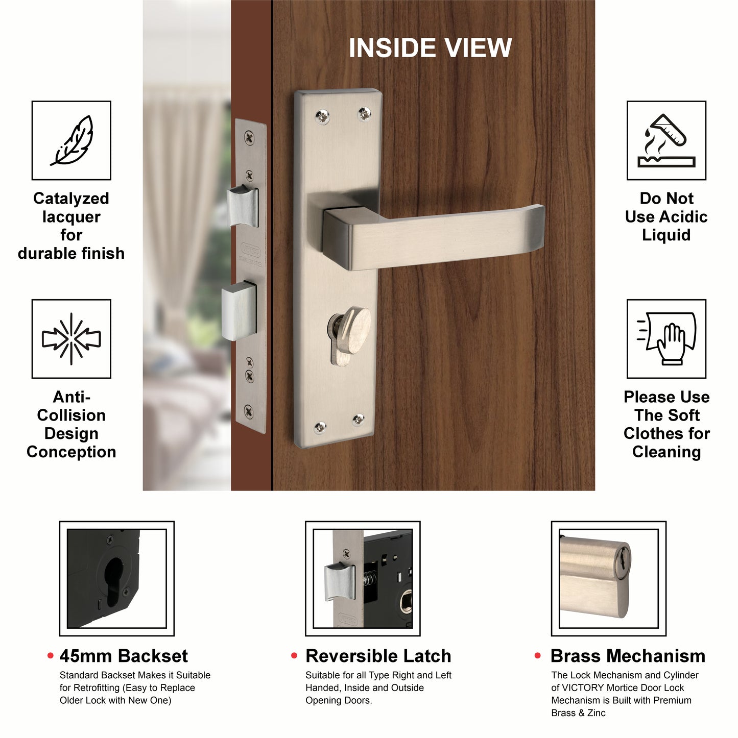 Stainless Steel Mortise Lock| 60mm Brass Cylinder | 3 Brass Keys| One-Side Knob