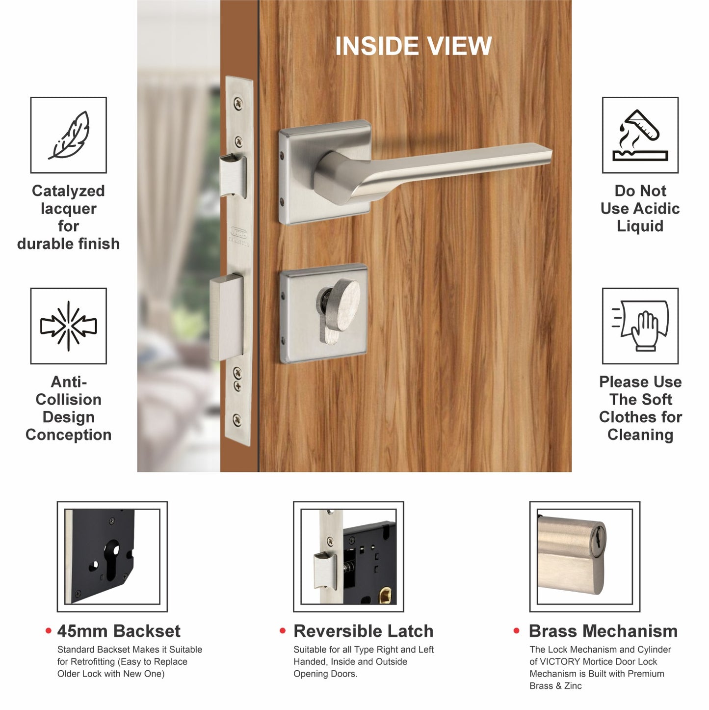 Stainless Steel Rosette Handle | 60mm Cylinder | 3 Brass Keys | One-Side Knob