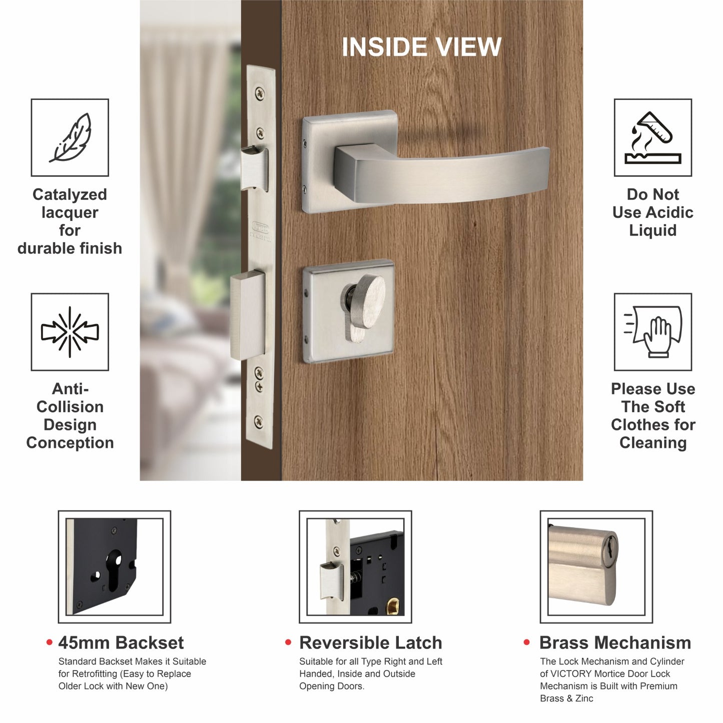 Stainless Steel Rosette Handle | 60mm Cylinder | 3 Brass Keys | One-Side Knob