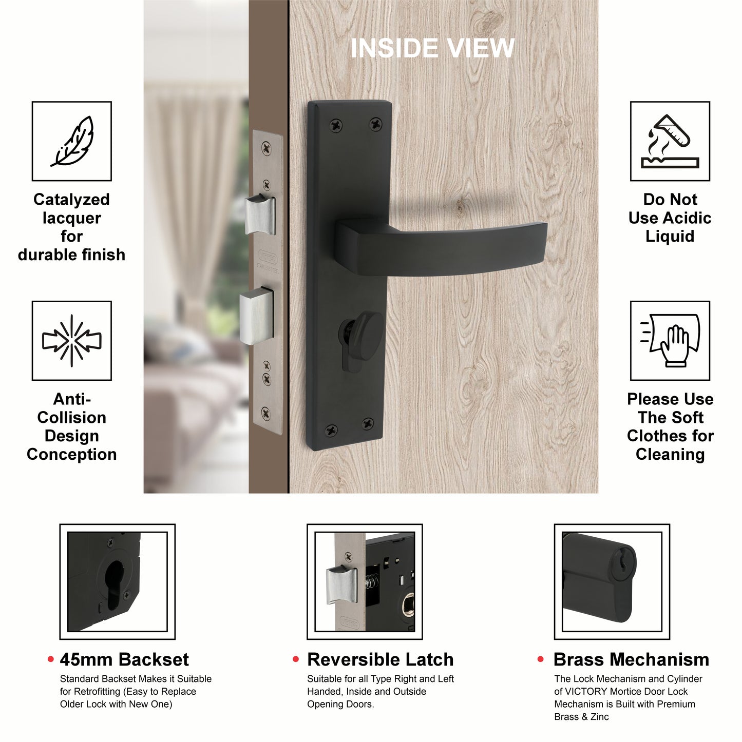 Stainless Steel Mortise Lock| 60mm Brass Cylinder | 3 Brass Keys| One-Side Knob