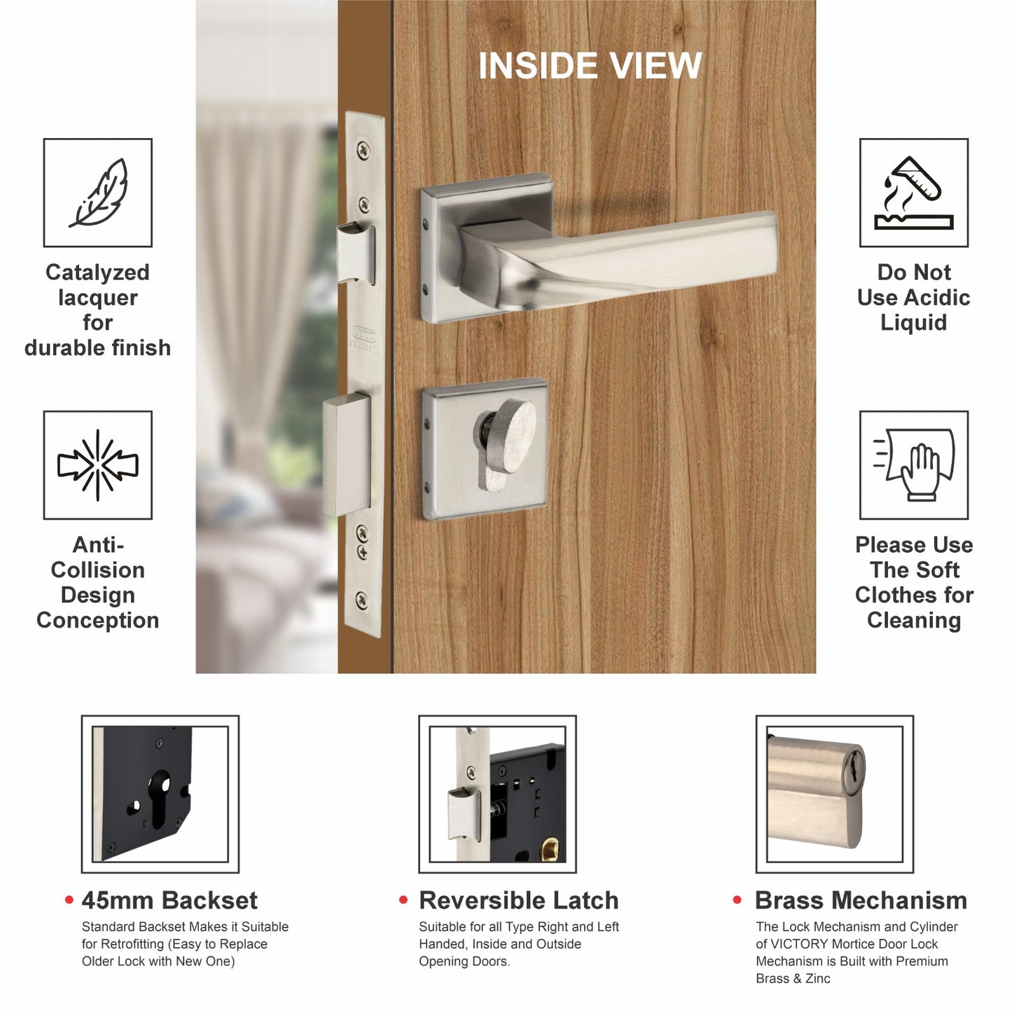 Stainless Steel Rosette Handle | 60mm Cylinder | 3 Brass Keys | One-Side Knob