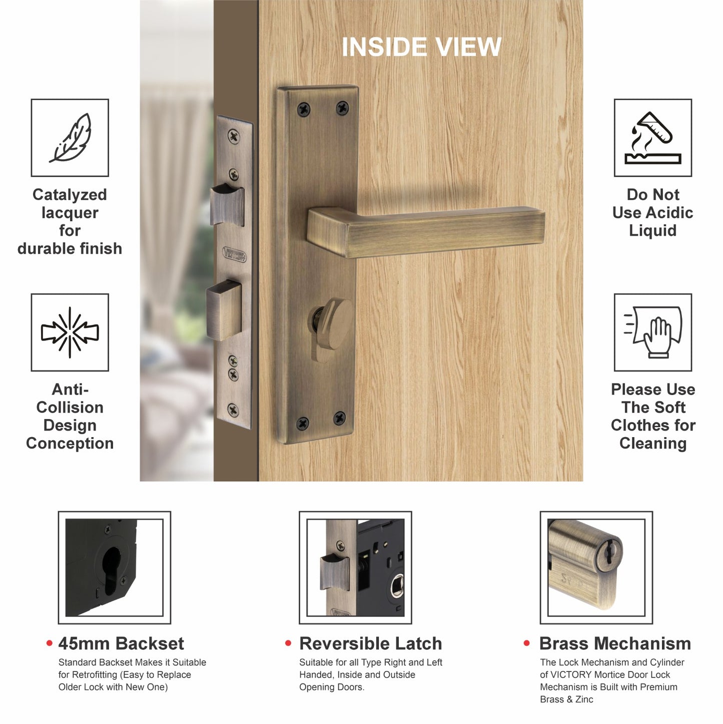Stainless Steel Mortise Lock | 60mm Brass Cylinder | 3 Brass Keys | One-Side Knob