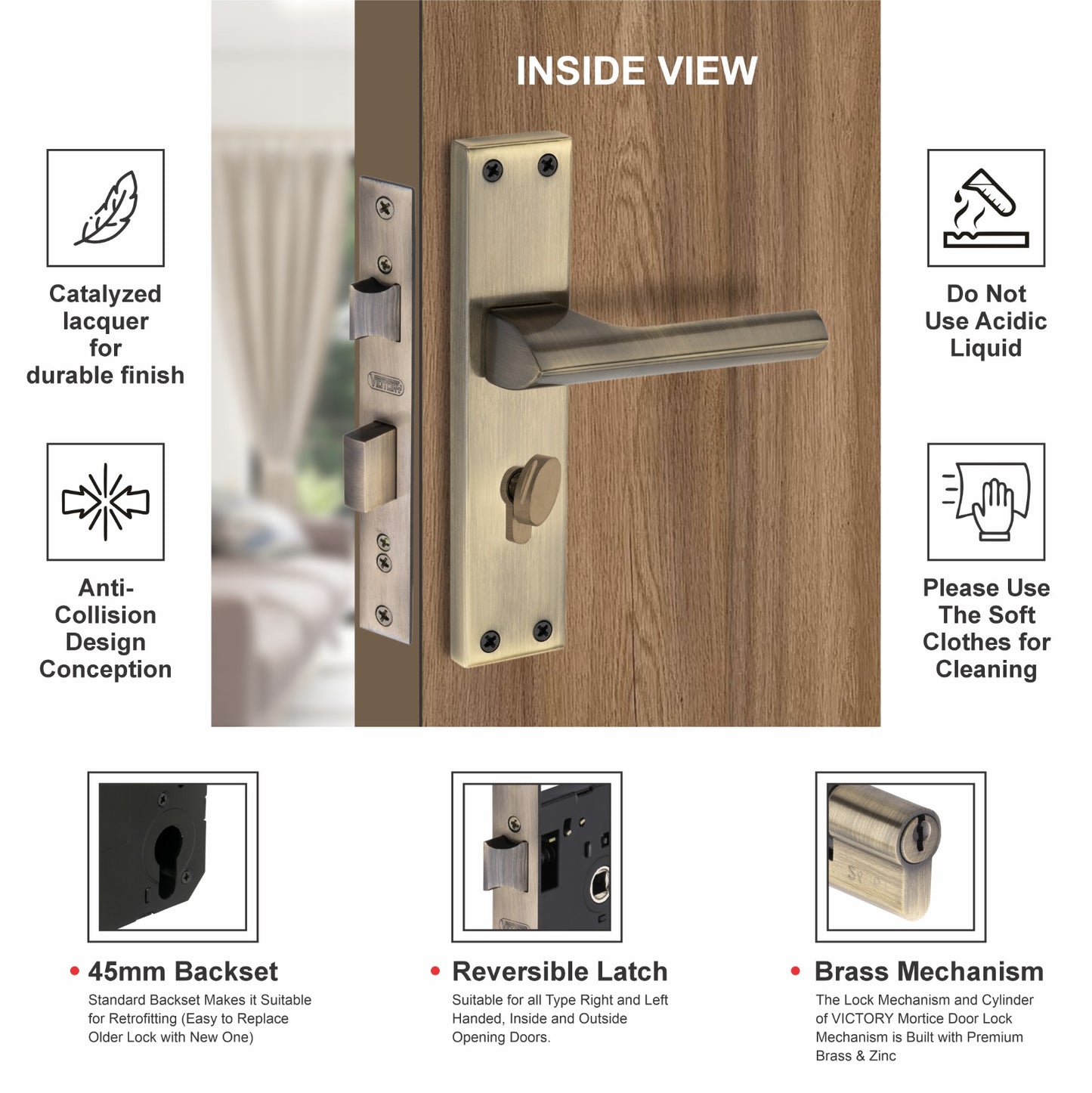 Stainless Steel Mortise Lock | 60mm Brass Cylinder | 3 Brass Keys | One-Side Knob