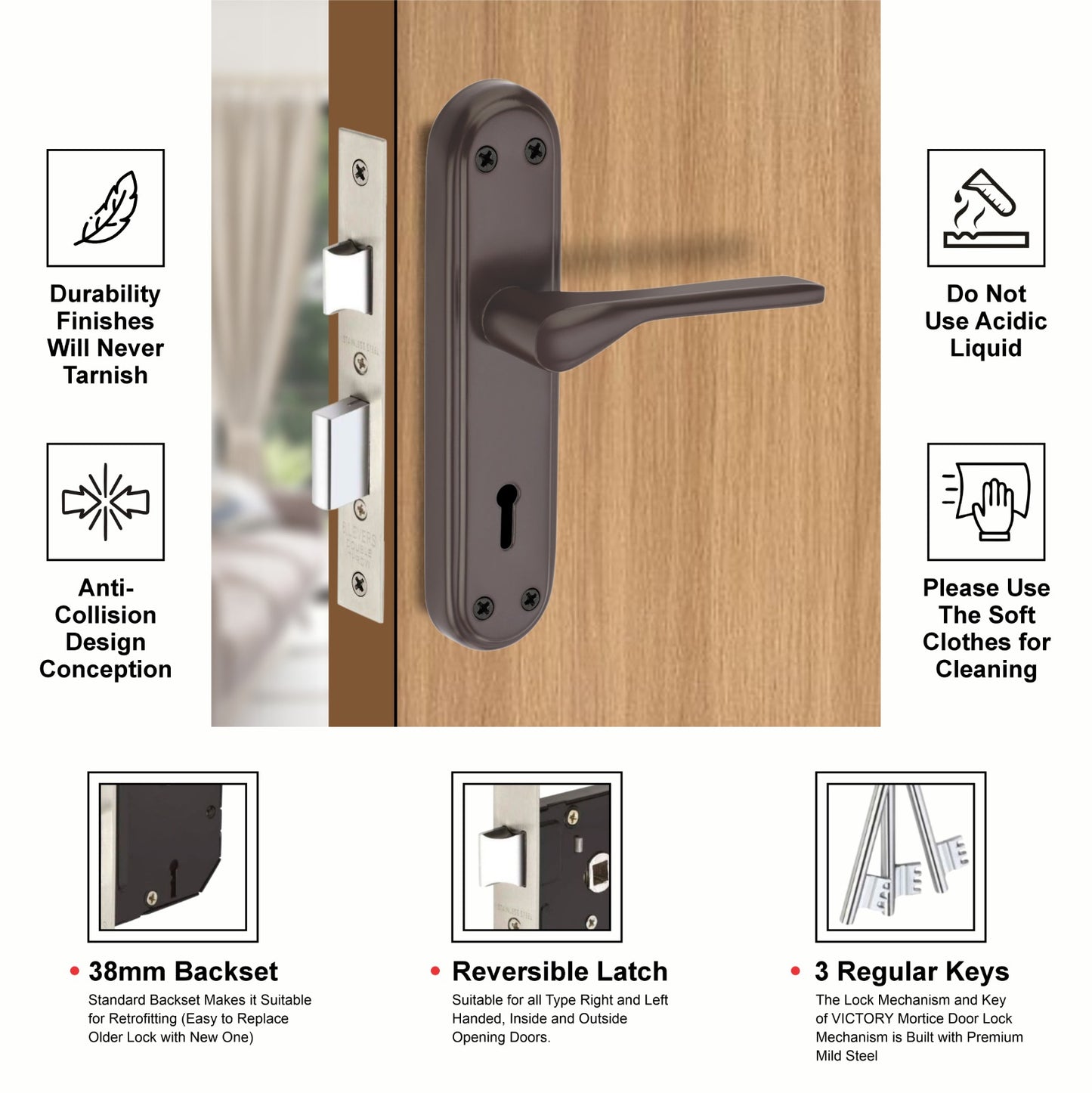 Steel Mortise Handle Lock Set | 3 Keys