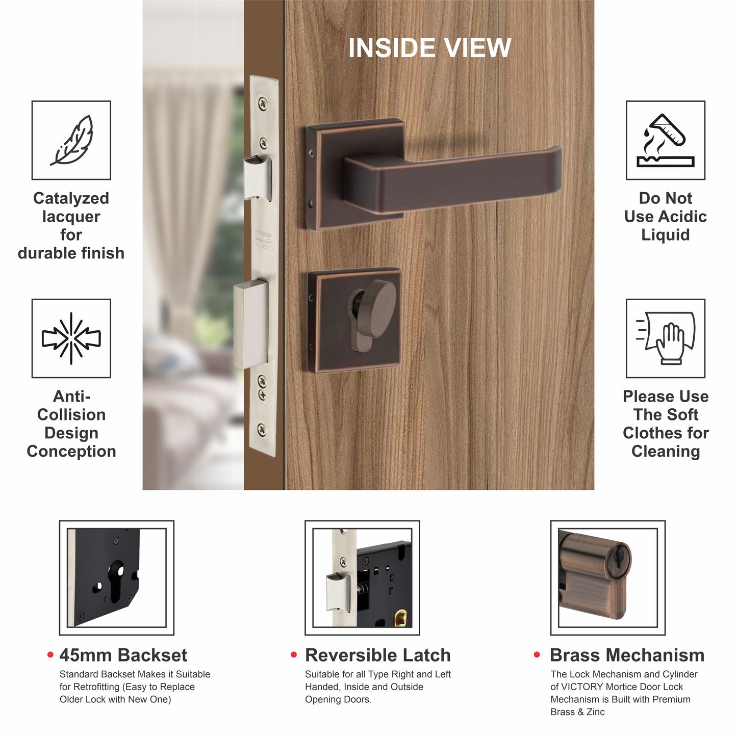 Stainless Steel Rosette Handle | 60mm Cylinder | 3 Brass Keys | One-Side Knob