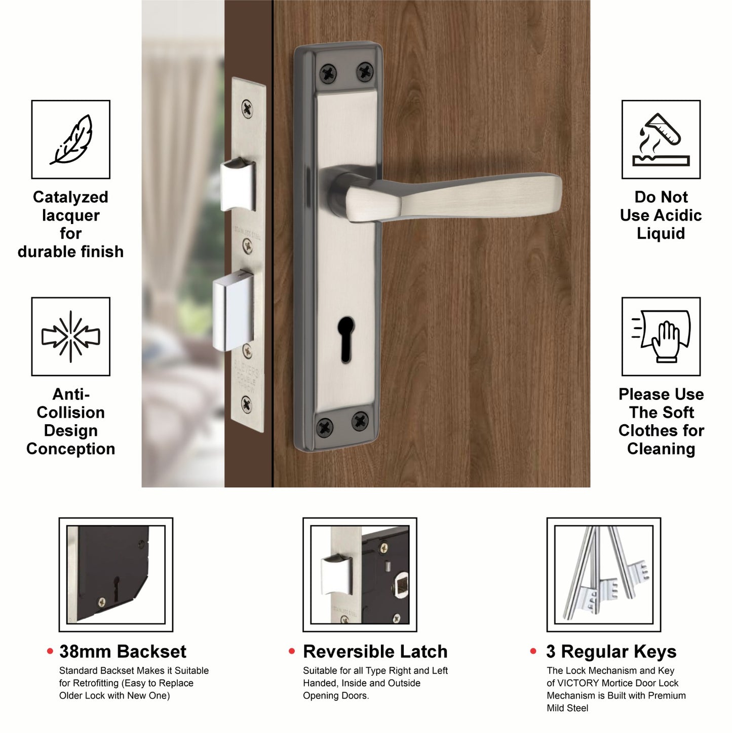 Steel Mortise Handle Lock Set with | 3 Keys