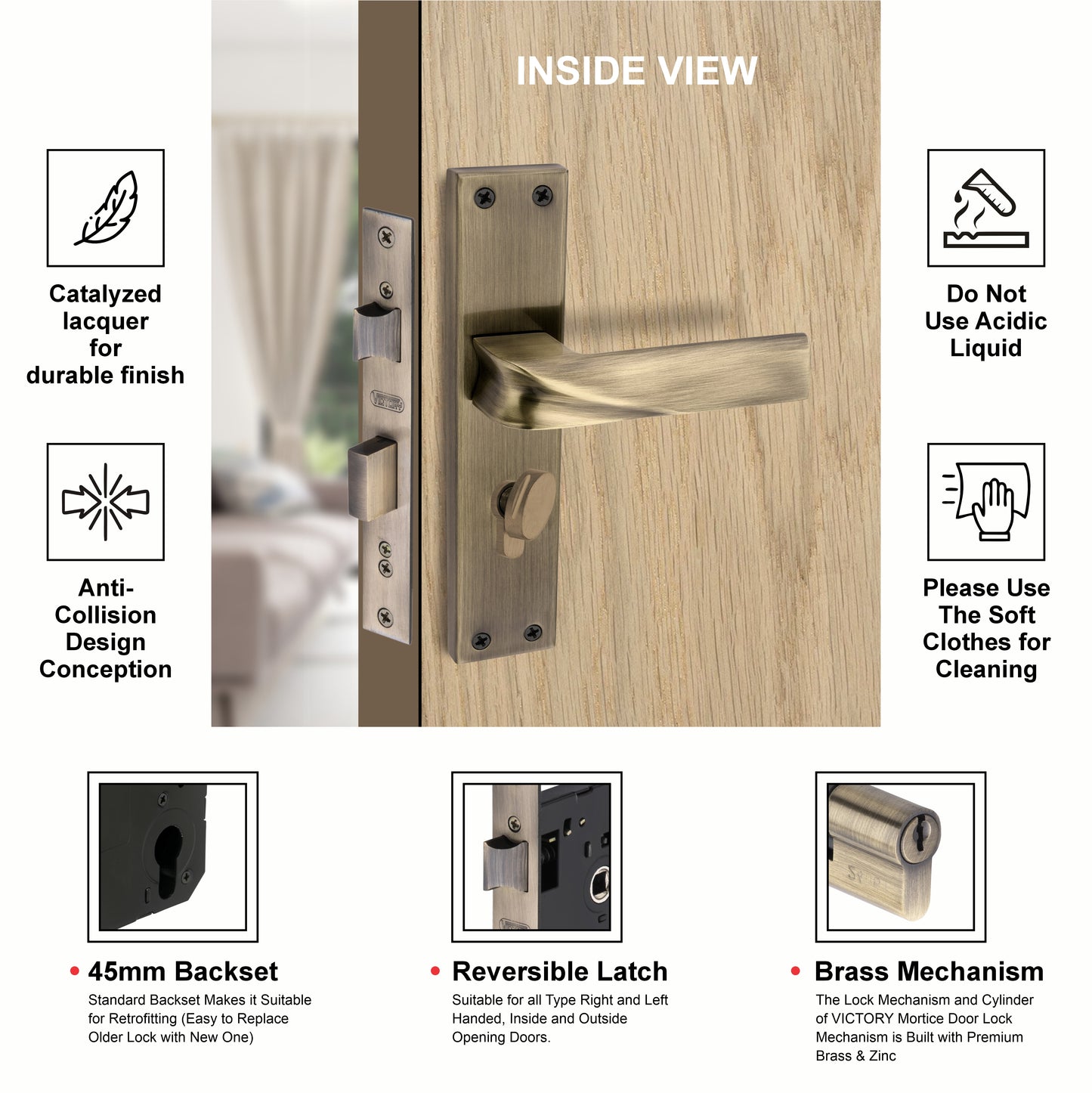 Stainless Steel Mortise Lock | 60mm Brass Cylinder | 3 Brass Keys | One-Side Knob