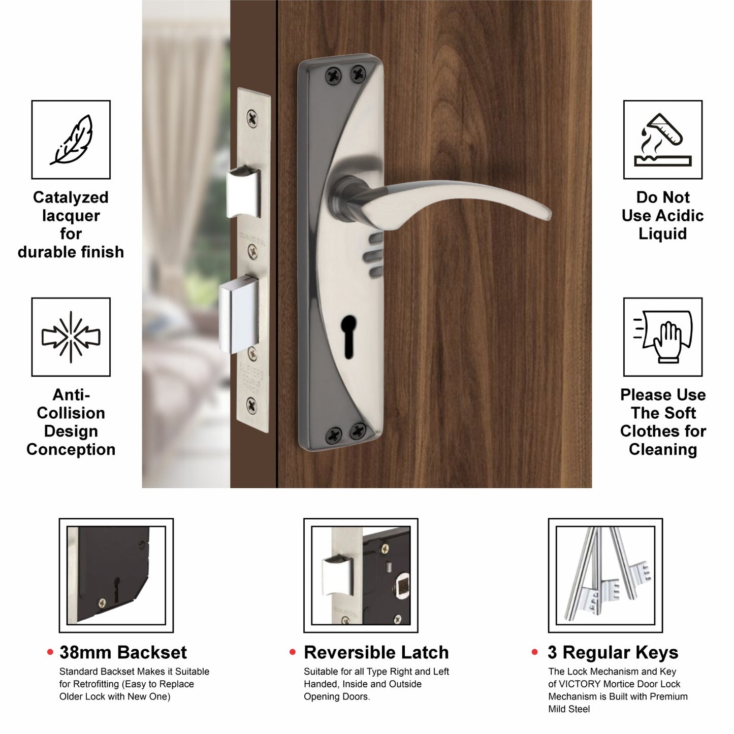 Steel Mortise Handle Lock Set with | 3 Keys