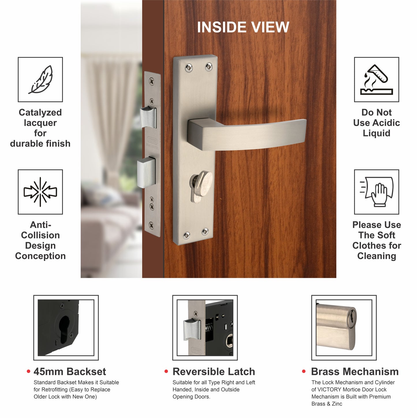Stainless Steel Mortise Lock| 60mm Brass Cylinder | 3 Brass Keys| One-Side Knob