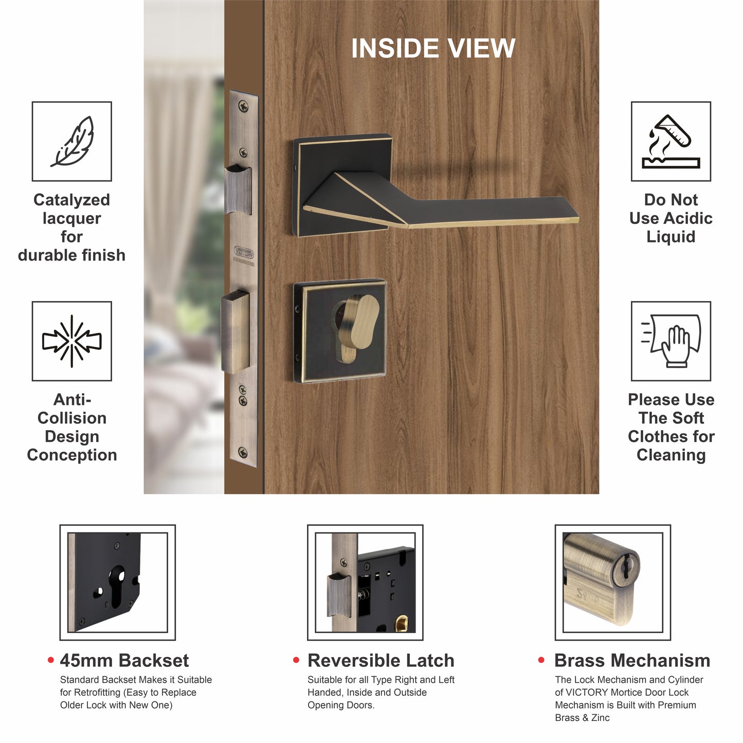 Brass Rosette Handle| 60mm Brass Cylinder | 3 Brass Keys | One-side knob