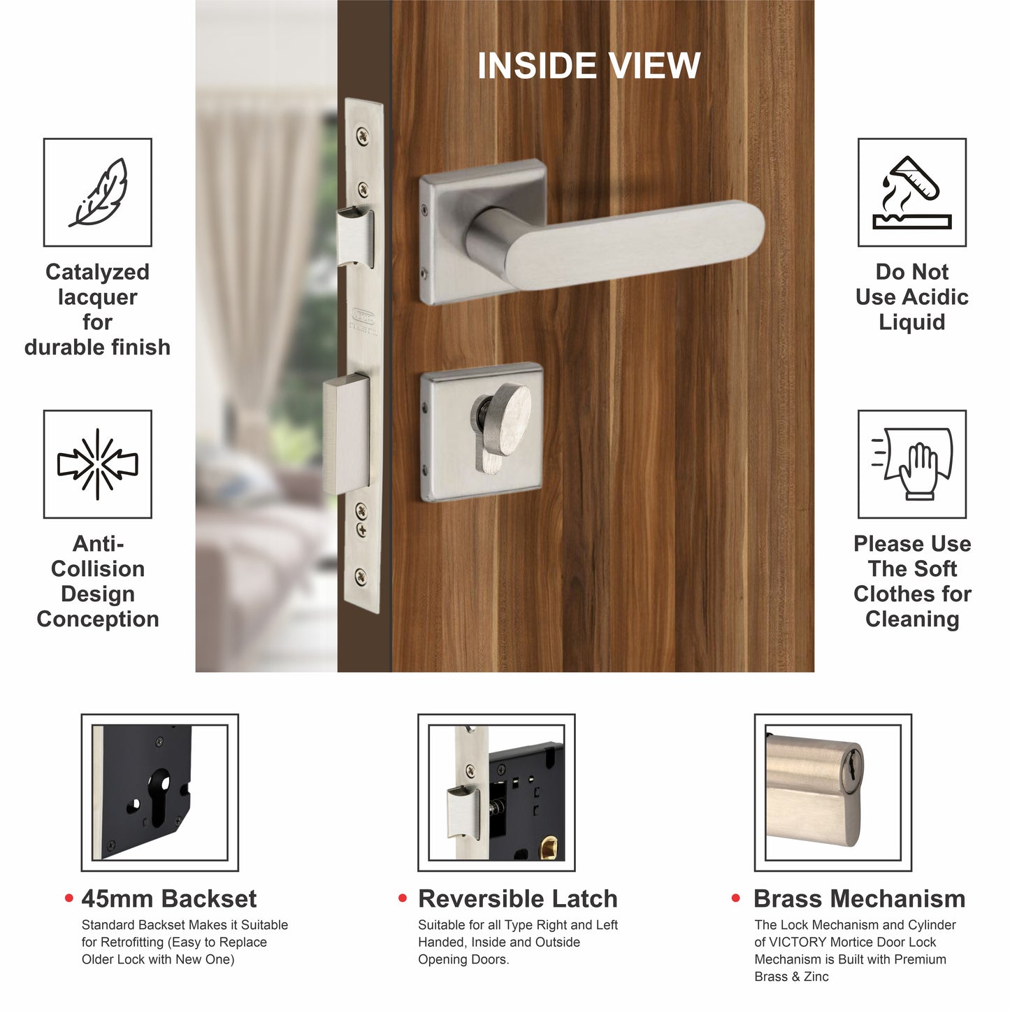 Stainless Steel Rosette Handle | 60mm Cylinder | 3 Brass Keys | One-Side Knob