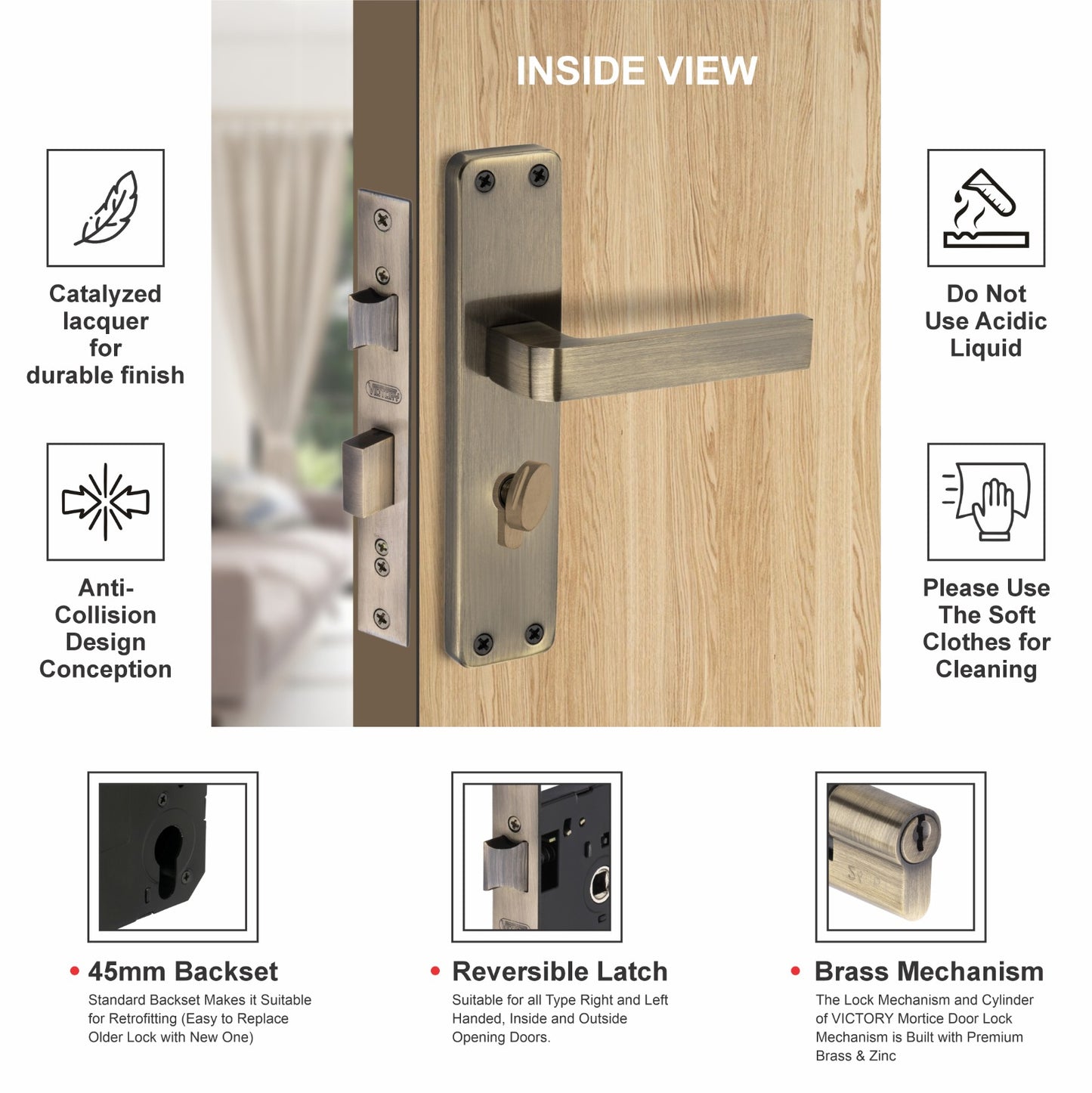 Stainless Steel Mortise Lock | 60mm Brass Cylinder | 3 Brass Keys | One-Side Knob
