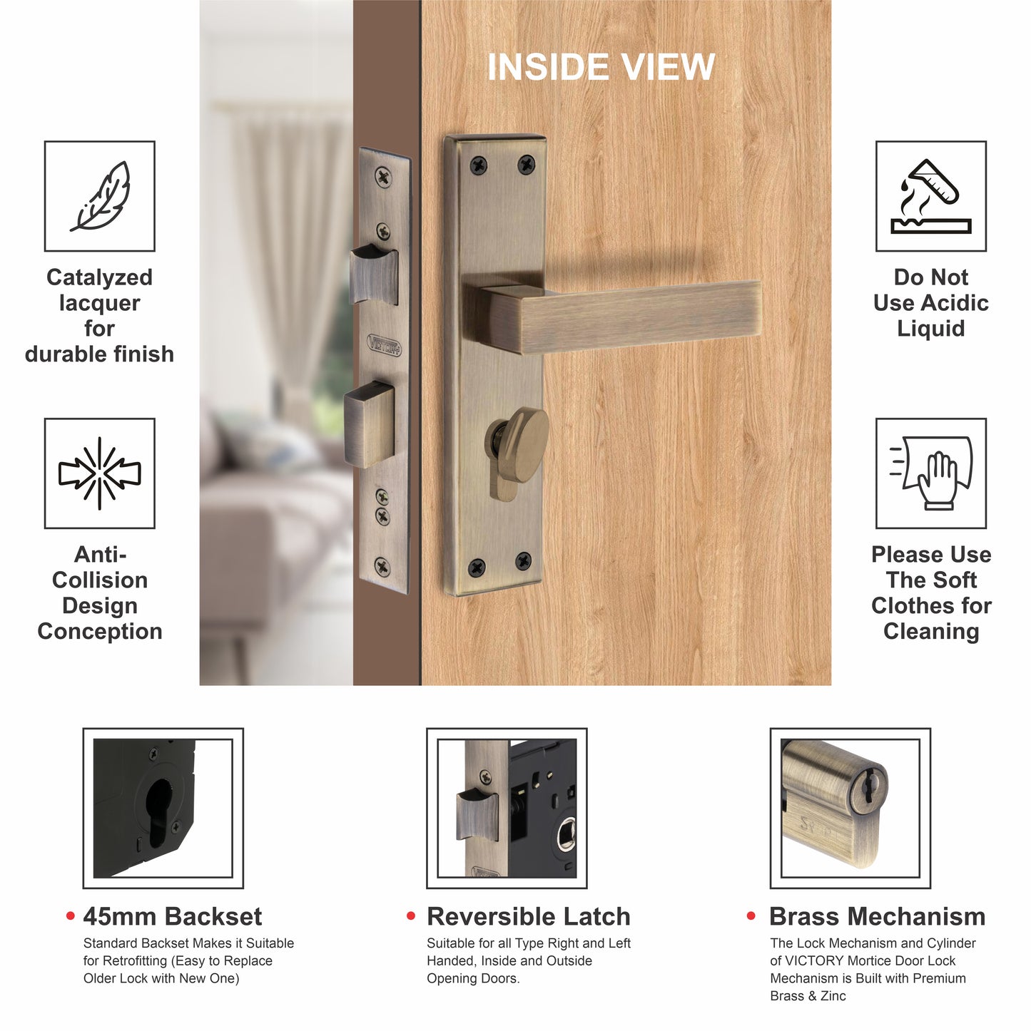 Stainless Steel Mortise Lock| 60mm Brass Cylinder | 3 Brass Keys| One-Side Knob