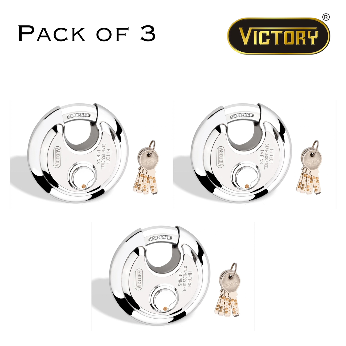 Victory Hi-Tech 90mm Disc Padlock | 4 Brass Keys | 14 Pin Security Lock | Shop Shutter & Gate Lock