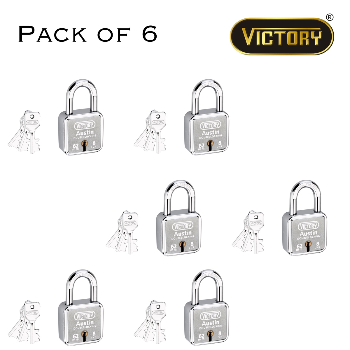 Victory Austin 62mm Auto Locking | Double Lock Padlock | 8 Lever | Extra Strong Security
