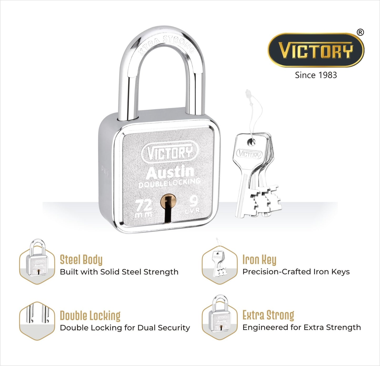 Victory Austin 72mm Auto Locking Padlock | Double Locking Security Lock for Shutters, Gates & Main Doors