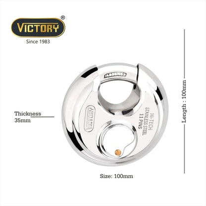 Victory Hi-Tech 70mm Disc Padlock | 4 Brass Keys | 11 Pin Security Lock | Shop Shutter & Gate Lock