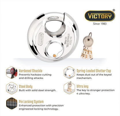 Victory Hi-Tech 70mm Disc Padlock | 4 Brass Keys | 11 Pin Security Lock | Shop Shutter & Gate Lock