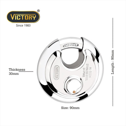 Victory Hi-Tech 90mm Disc Padlock | 4 Brass Keys | 14 Pin Security Lock | Shop Shutter & Gate Lock