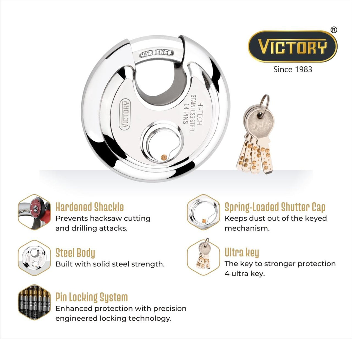 Victory Hi-Tech 90mm Disc Padlock | 4 Brass Keys | 14 Pin Security Lock | Shop Shutter & Gate Lock